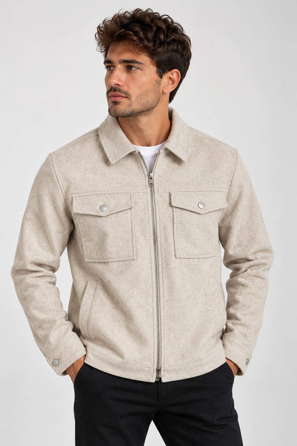 Sobrecamisa de Hombre Gris Piedra con Cremallera y Bolsillos